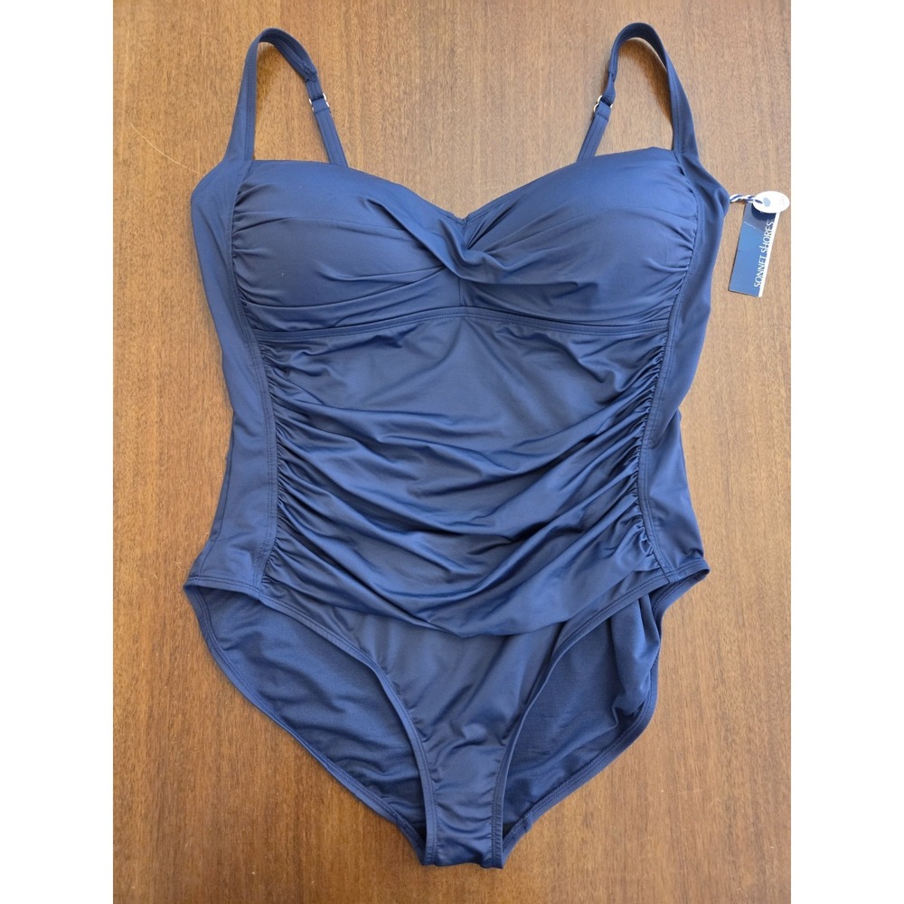 Sonnet Shores One Piece Swimsuit Sz 24W Navy Blue Molded Cups‎ Tummy Panel